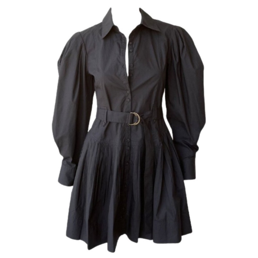 Vivenne Cotton Pleated Belted Long Sleeve Mini Dress In Black
